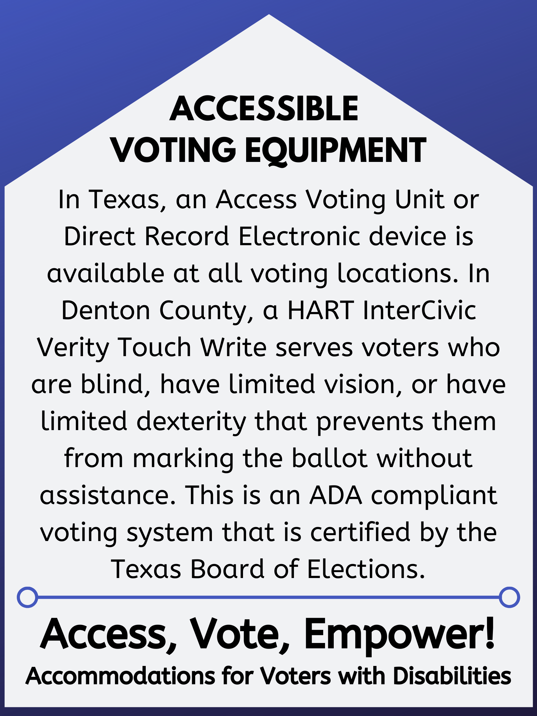 In Texas, an Access Voting Unit or Direct Record Electronic device is available at all voting locations. In Denton County, a HART InterCivic Verity Touch Write serves voters who are blind, have limited vision, or have limited dexterity that prevents them from marking the ballot without assistance. This is an ADA compliant voting system that is certified by the Texas Board of Elections.