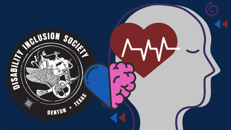 Image blue background, circular black and white DIS logo, and graphic of human face profile including two images of hearts juxtaposed with images of a brain and a zig zag heart rate line.