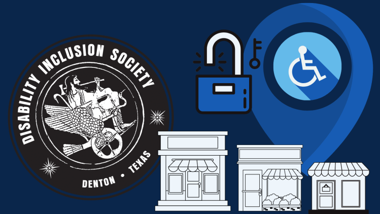Image blue background, circular black and white DIS logo, and graphic of an open padlock with key, international accessible logo inside of an upside-down tear drop shape, and three small graphics of storefronts in black and white in the foreground.