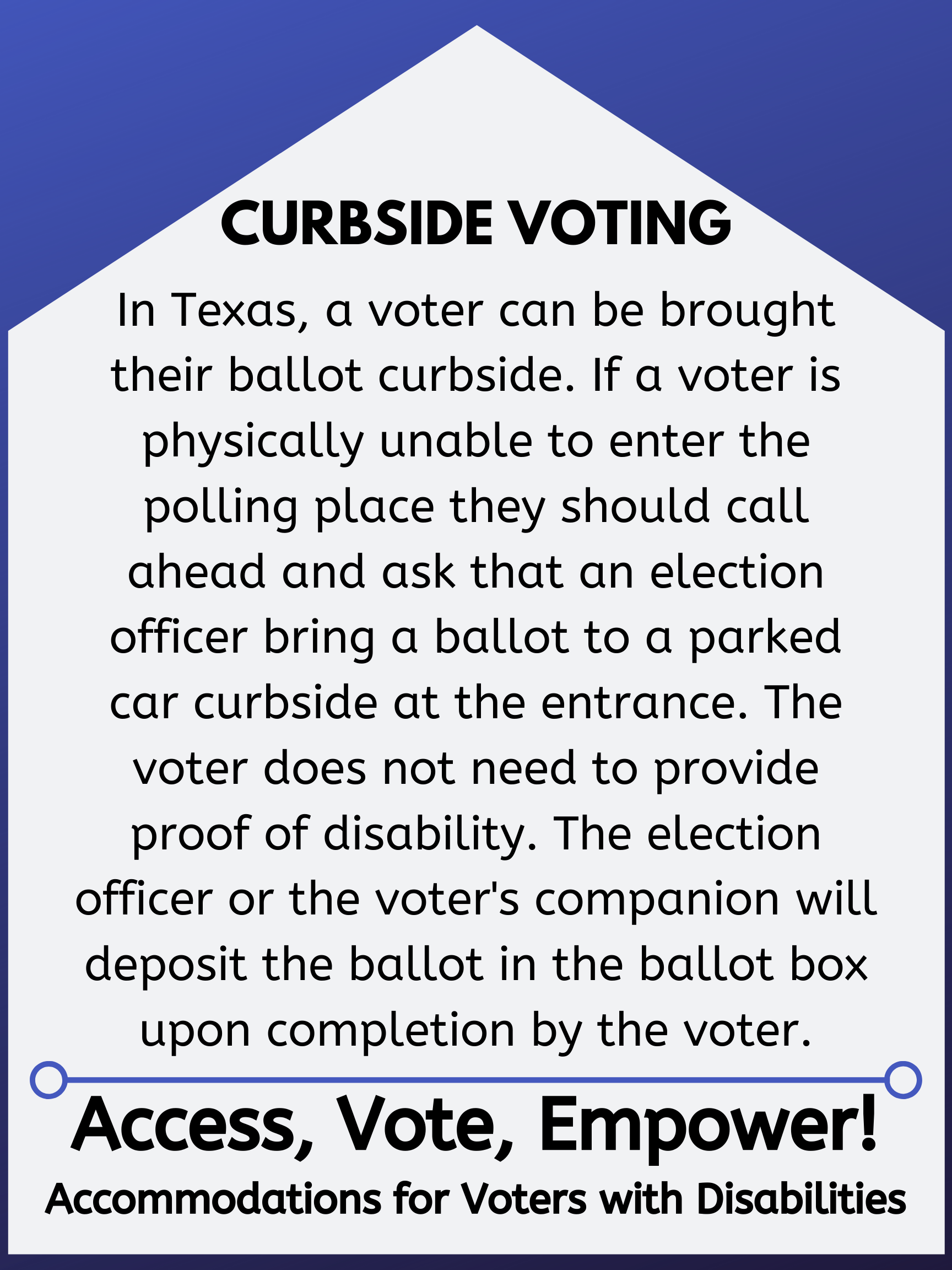 In Texas, a voter can be brought their ballot curbside. If a voter is physically unable to enter the polling place they should call ahead and ask that an election officer bring a ballot to a parker car curbside at the entrance. The voter does not need to provide proof of disability. The election officer or the voter's companion will deposit the ballot in the ballot box upon completion by the voter.